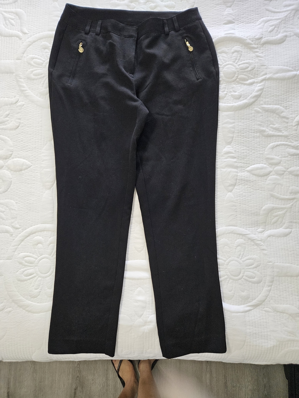 Anne Klein Black Straight-Leg Dress Pants with Gold Zipper Pulls